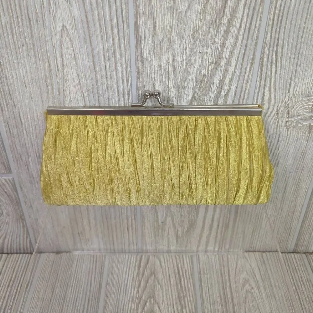 Womens Clutch Evening Purse Gold Pleated Style Toggle Closure Black Interior